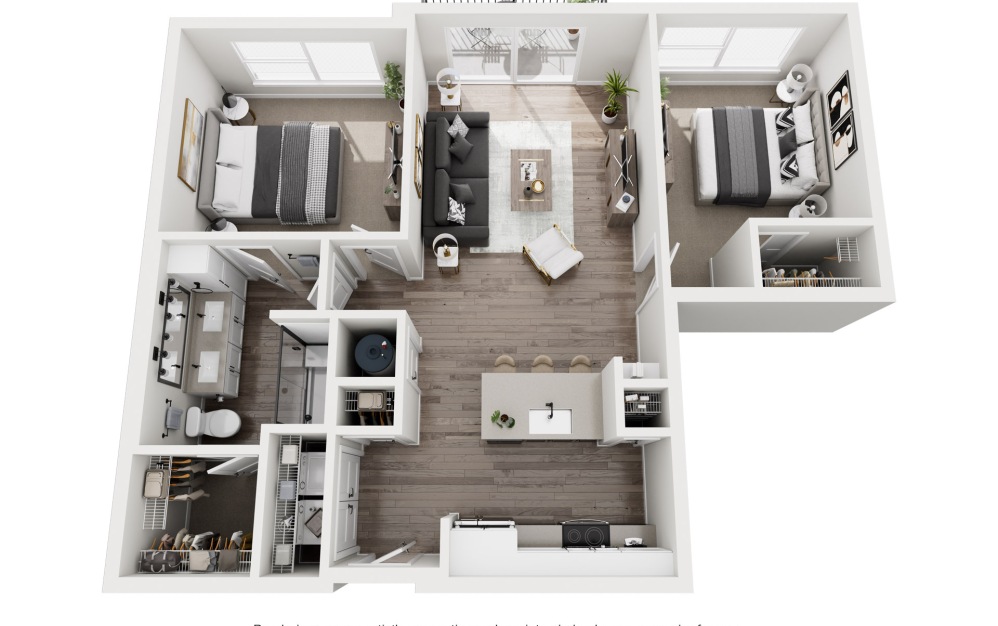 B - 2 bedroom floorplan layout with 1 bathroom and 915 square feet